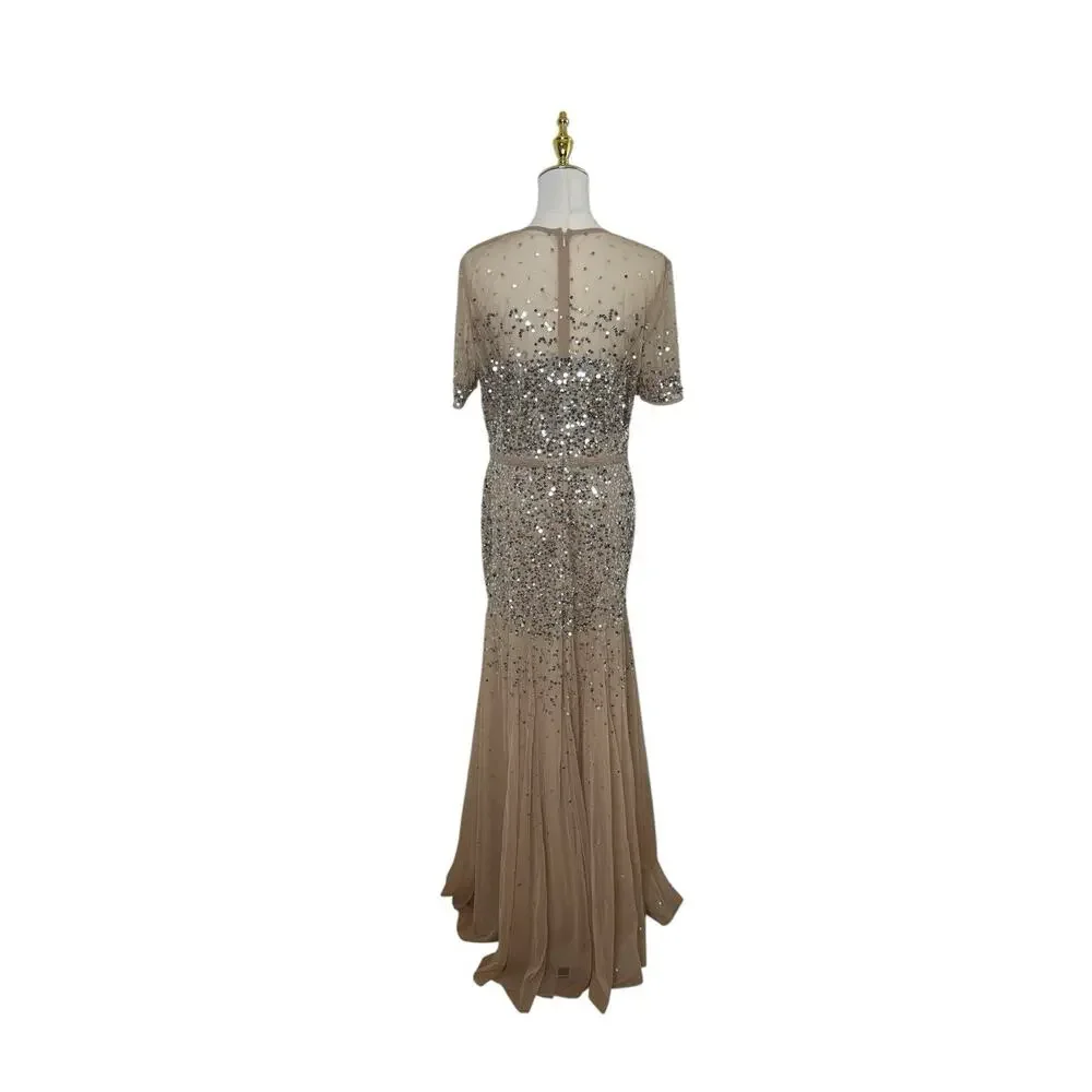 Mac Duggal 93909 Nude Silver Sequin Gown Sheer High Neck Short Sleeve Size 14 - Picture 7 of 8